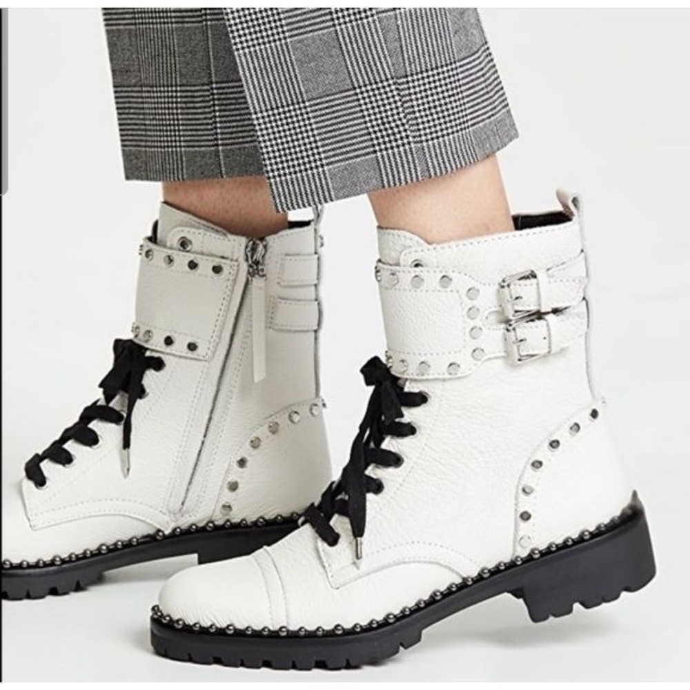 Sam Edelman Jennifer Studded Combat Boots White Leather Womens Size 8